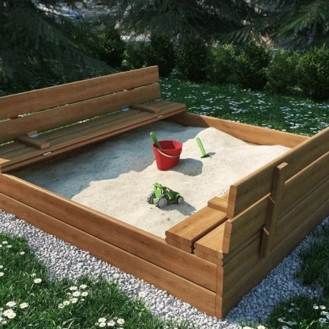 Piaskownica drewniana 120x120 z zamykanym wiekiem i ławeczkami | Impregnowana, gotowy zestaw