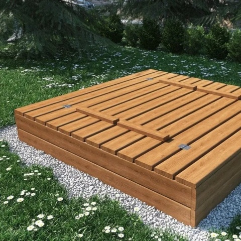 Piaskownica drewniana 120x120 z zamykanym wiekiem i ławeczkami | Impregnowana, gotowy zestaw
