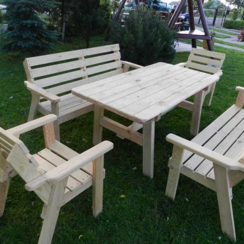 Zestaw mebli ogrodowych z drewna sosnowego – stół 180 cm, 2 ławki, 2 krzesła – klasyczny styl