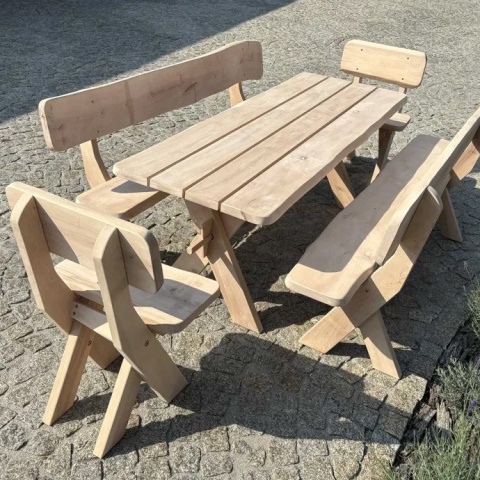 Zestaw mebli ogrodowych z drewna olchowego – stół 200 cm, 2 ławki, 2 krzesła – naturalne wykończenie